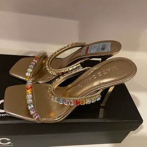 INC brand gold multi-color jeweled heel sandal: size 7